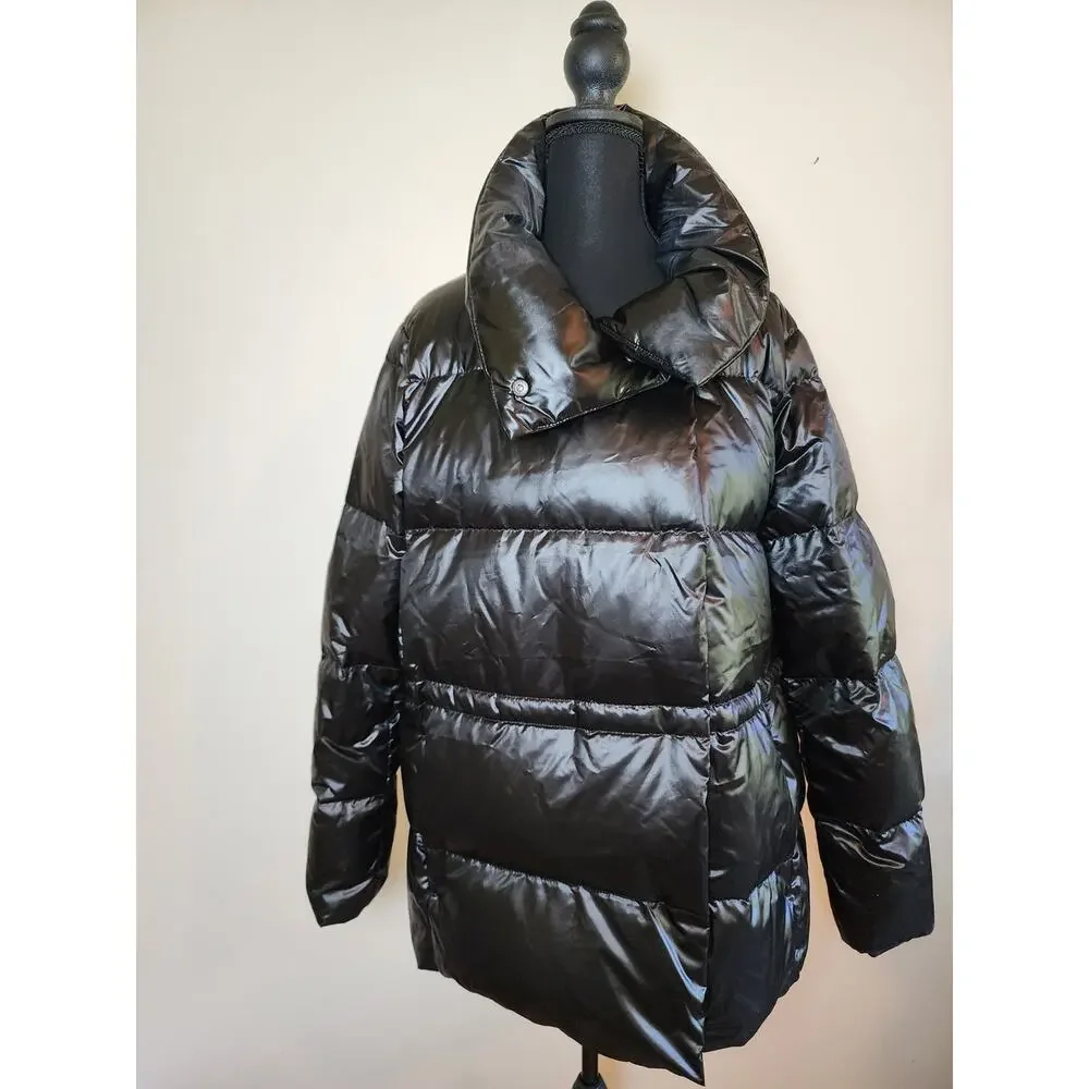 Lands' End Women's XL Black Puffer Down Button Front Jacket‎ Winter Cozy